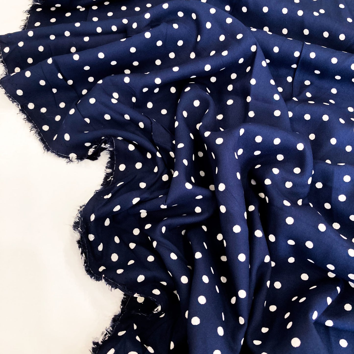 Deadstock Viscose Navy and White Polka Dot