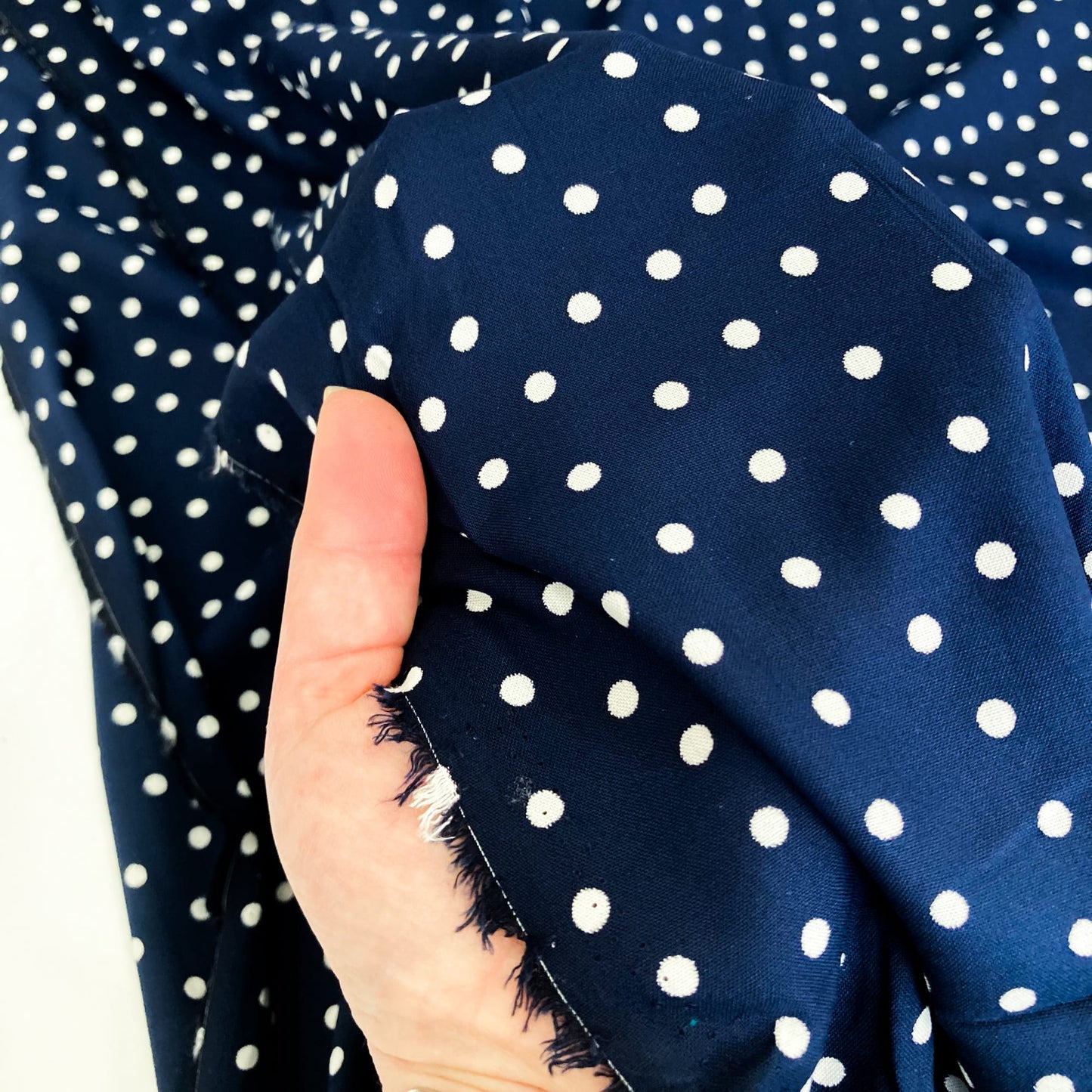 Deadstock Viscose Navy and White Polka Dot