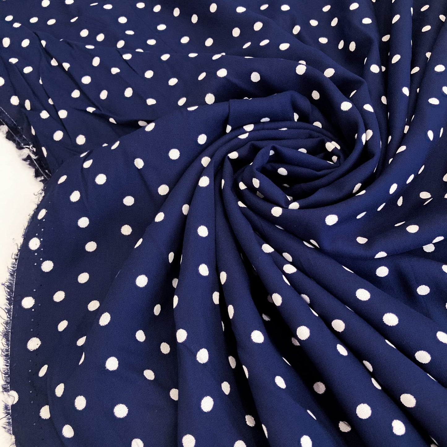Deadstock Viscose Navy and White Polka Dot