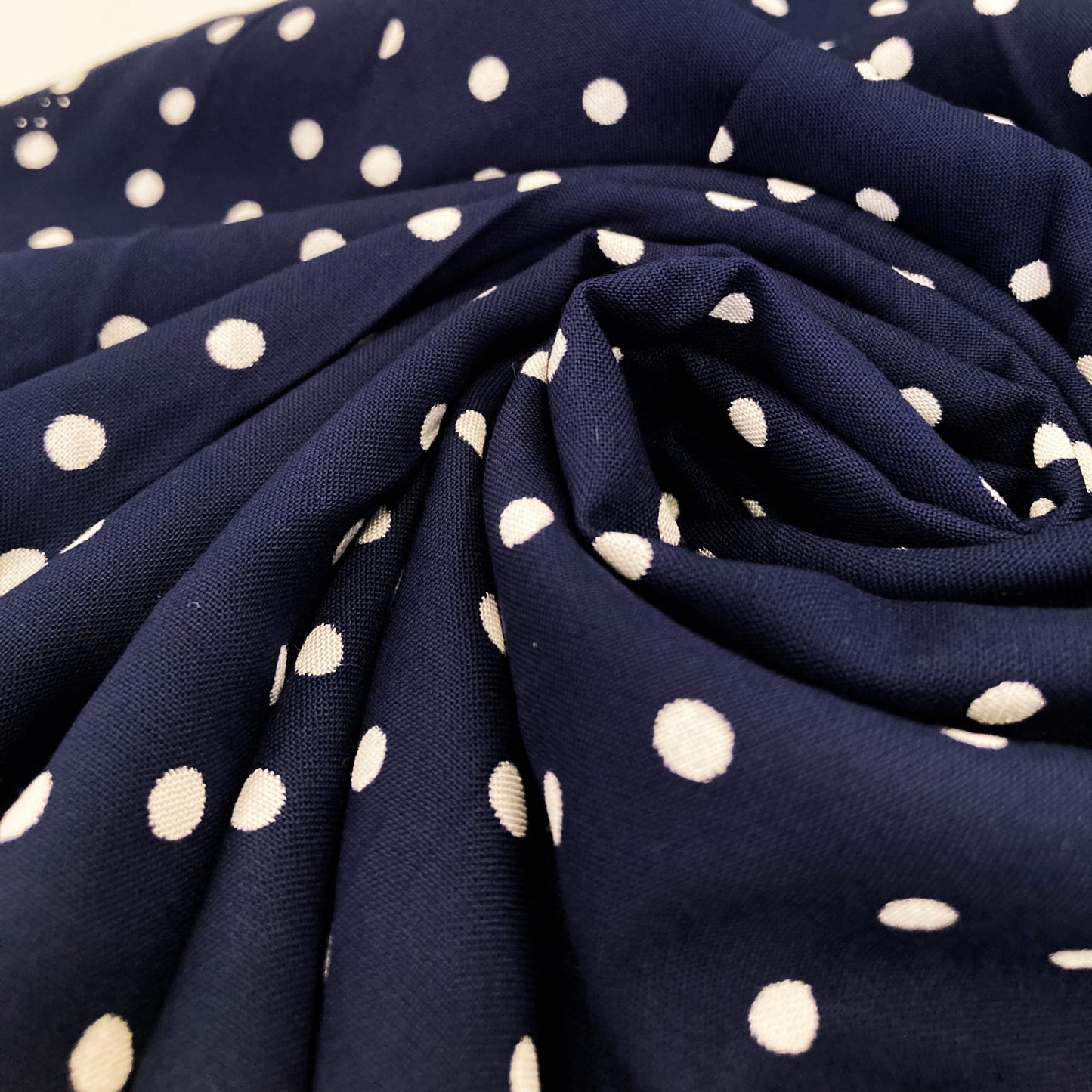 Deadstock Viscose Navy and White Polka Dot