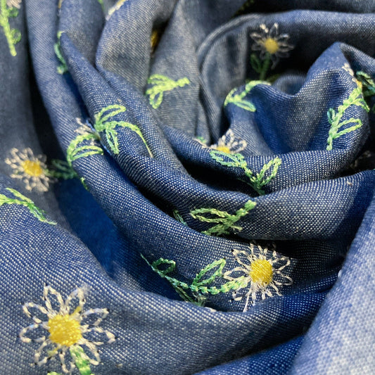 Embroidered Cotton Chambray with Daisies