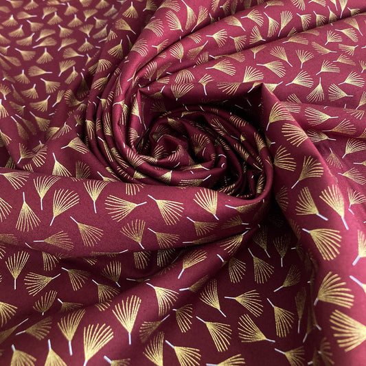 Cotton Fabric in Burgundy with Metallic Pine Leaf Print