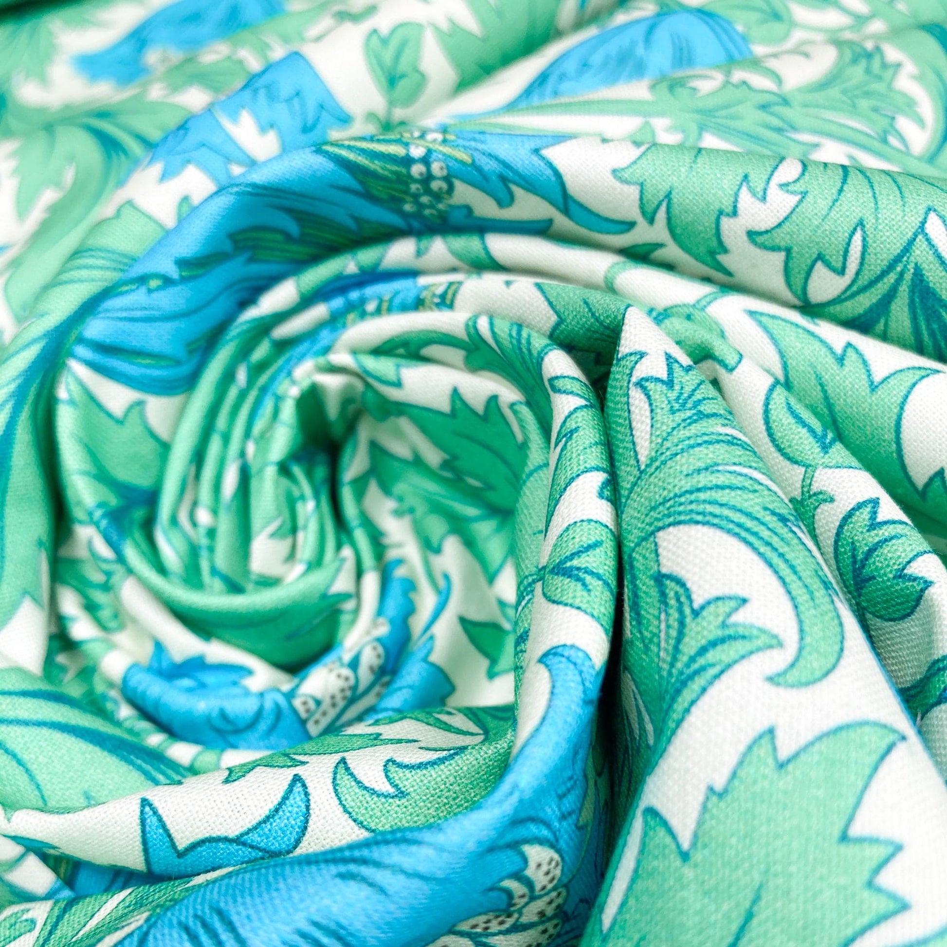 Cotton fabric with William Morris Style floral print in green and blue