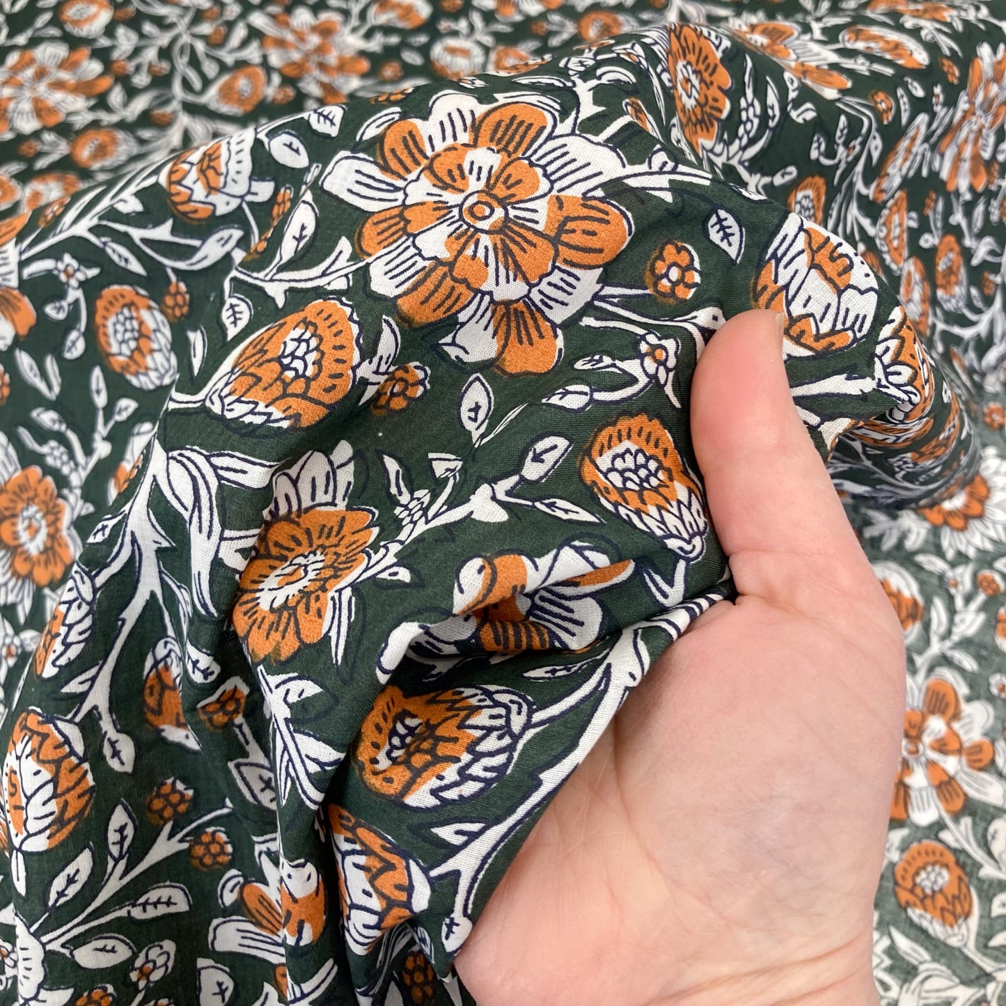 Indian Cotton Block Print 'Green Floral'