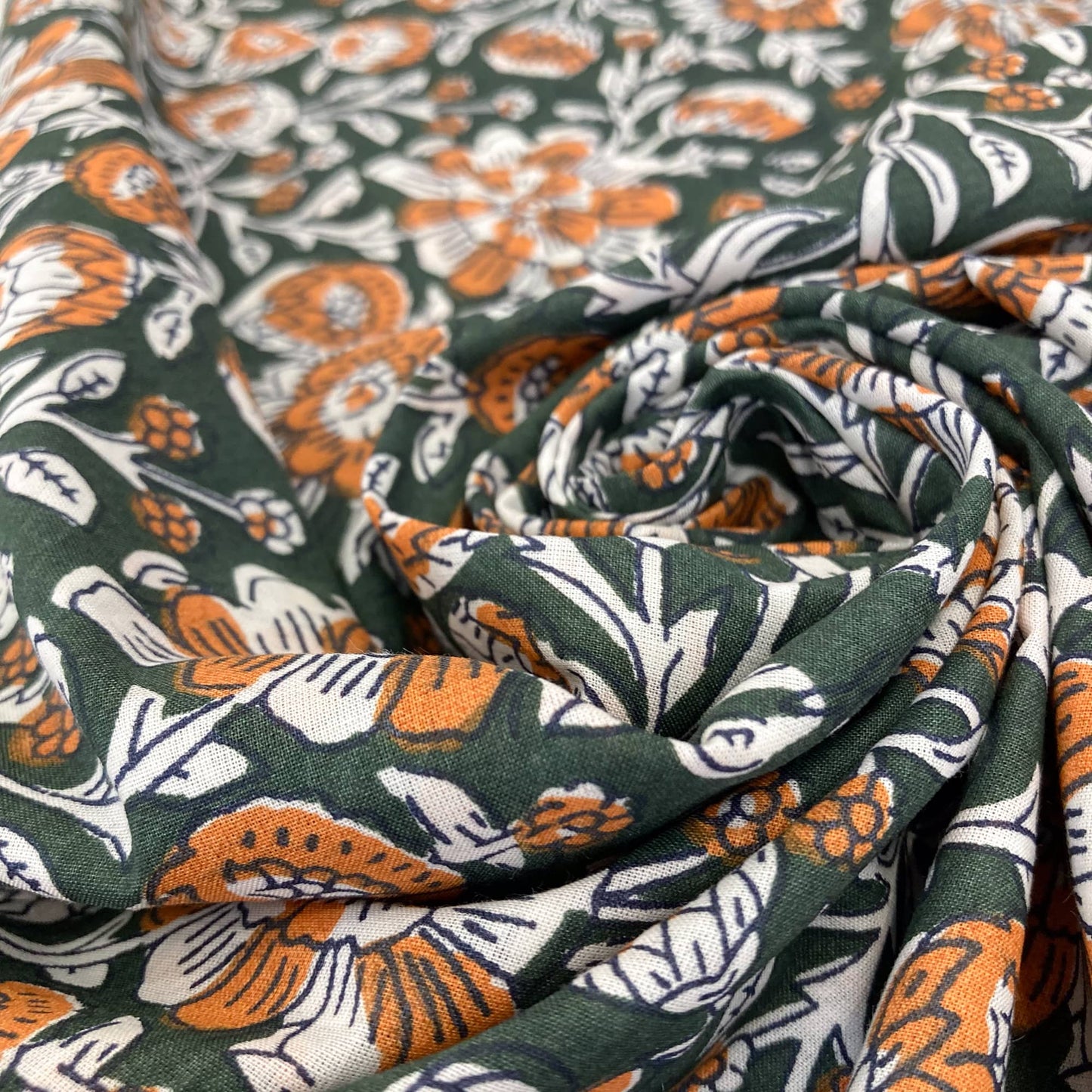 Indian Cotton Block Print 'Green Floral'
