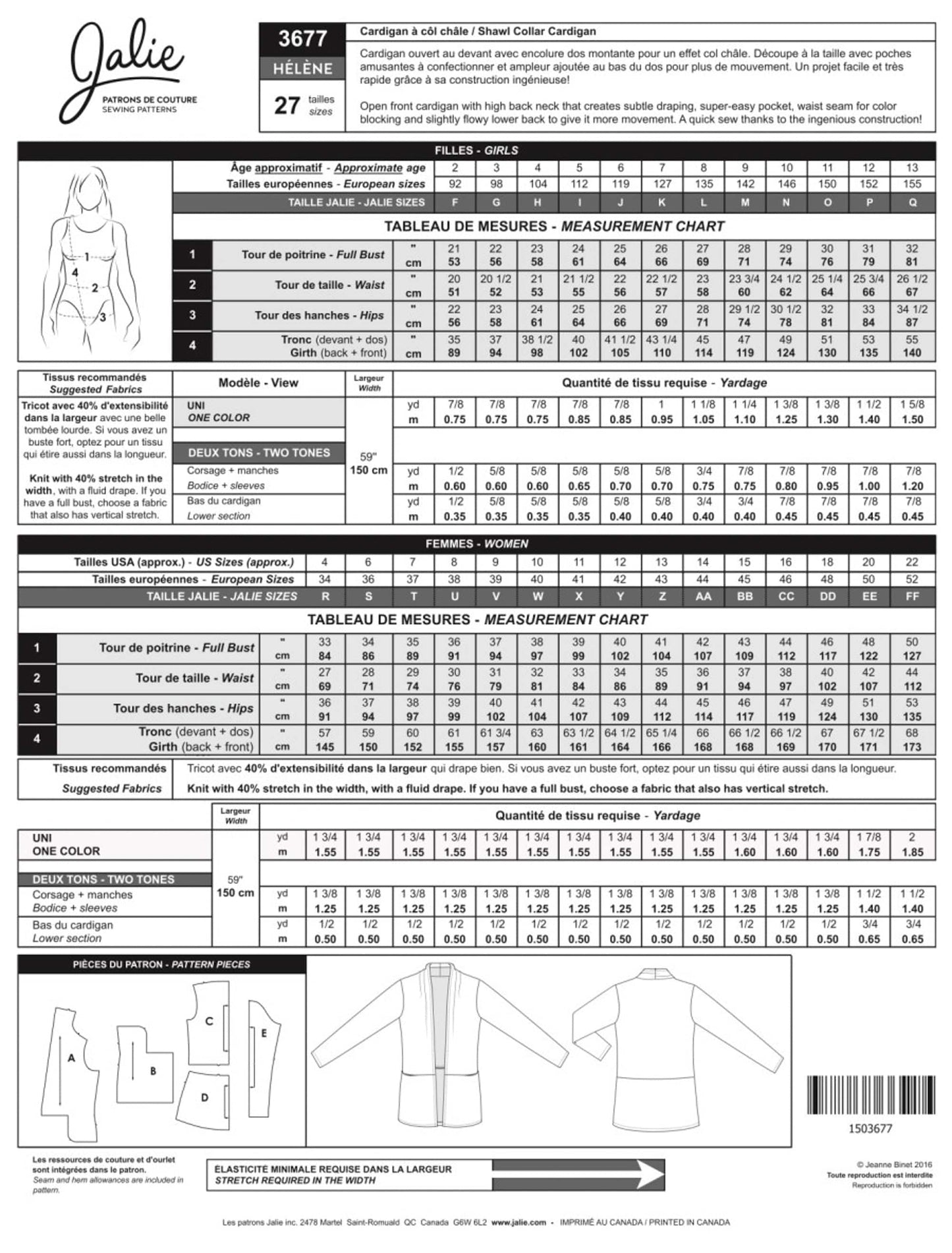 Jalie Paper Sewing Pattern: Hélène Cardigan 3677