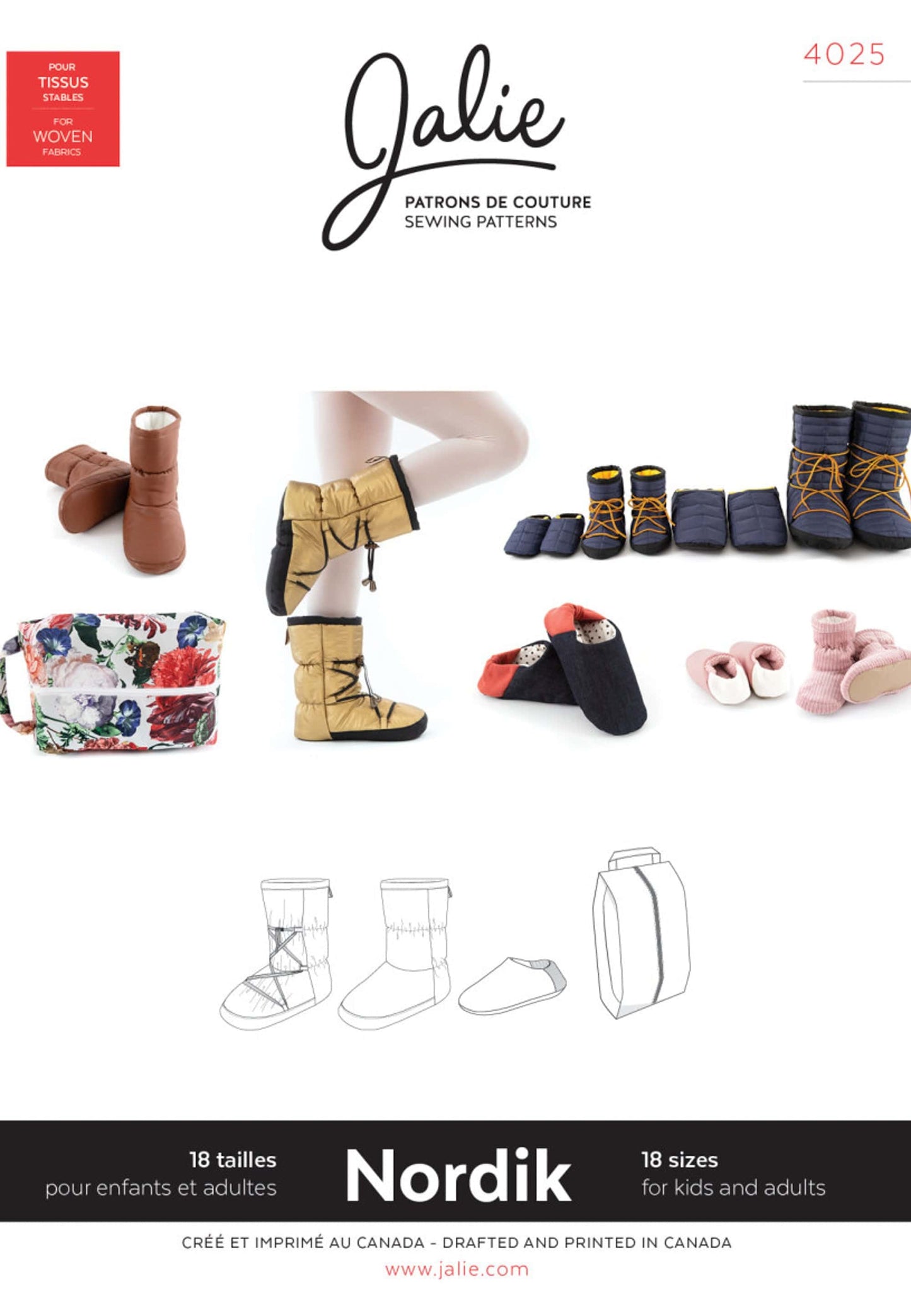 Jalie Paper Sewing Pattern: Nordik Quilted Booties, Slippers & Shoe Bag