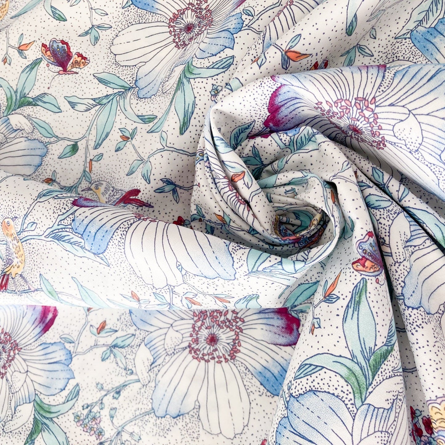 Cotton Fabric with Birds and Flower Print