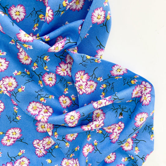 Soft Viscose in Sky Blue with Japanese Style Floral Print