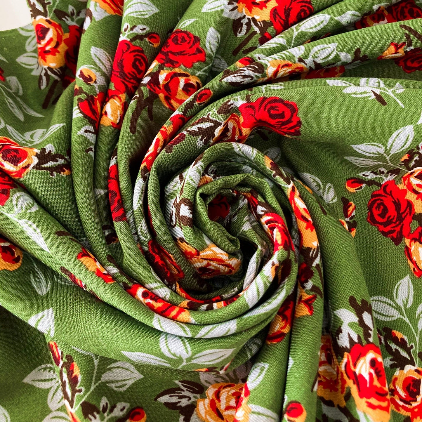 Soft Viscose in Fern Green with Vintage Style Floral Print