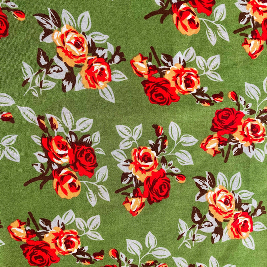 Soft Viscose in Fern Green with Vintage Style Floral Print