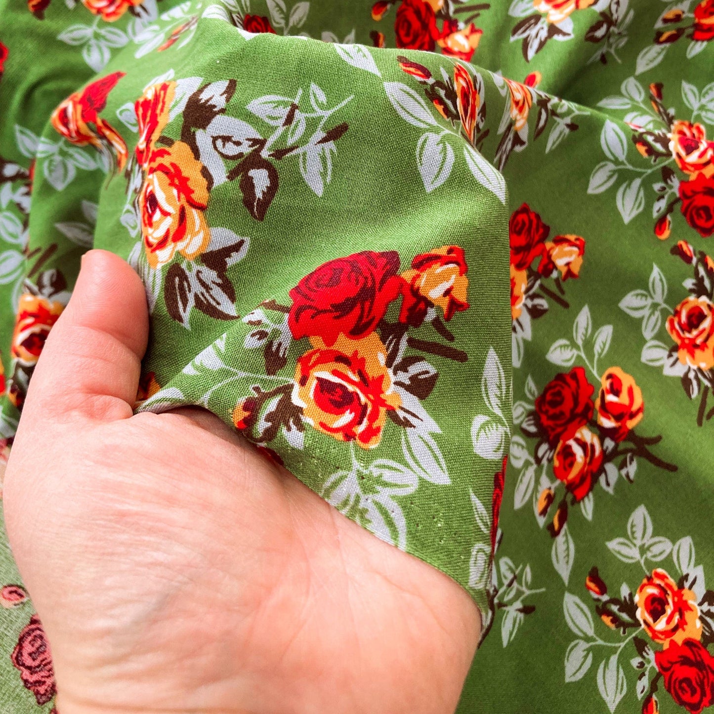 Soft Viscose in Fern Green with Vintage Style Floral Print