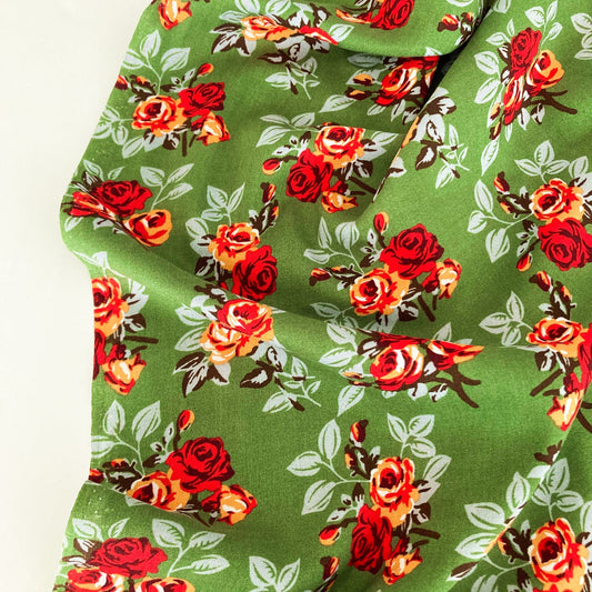 Soft Viscose in Fern Green with Vintage Style Floral Print