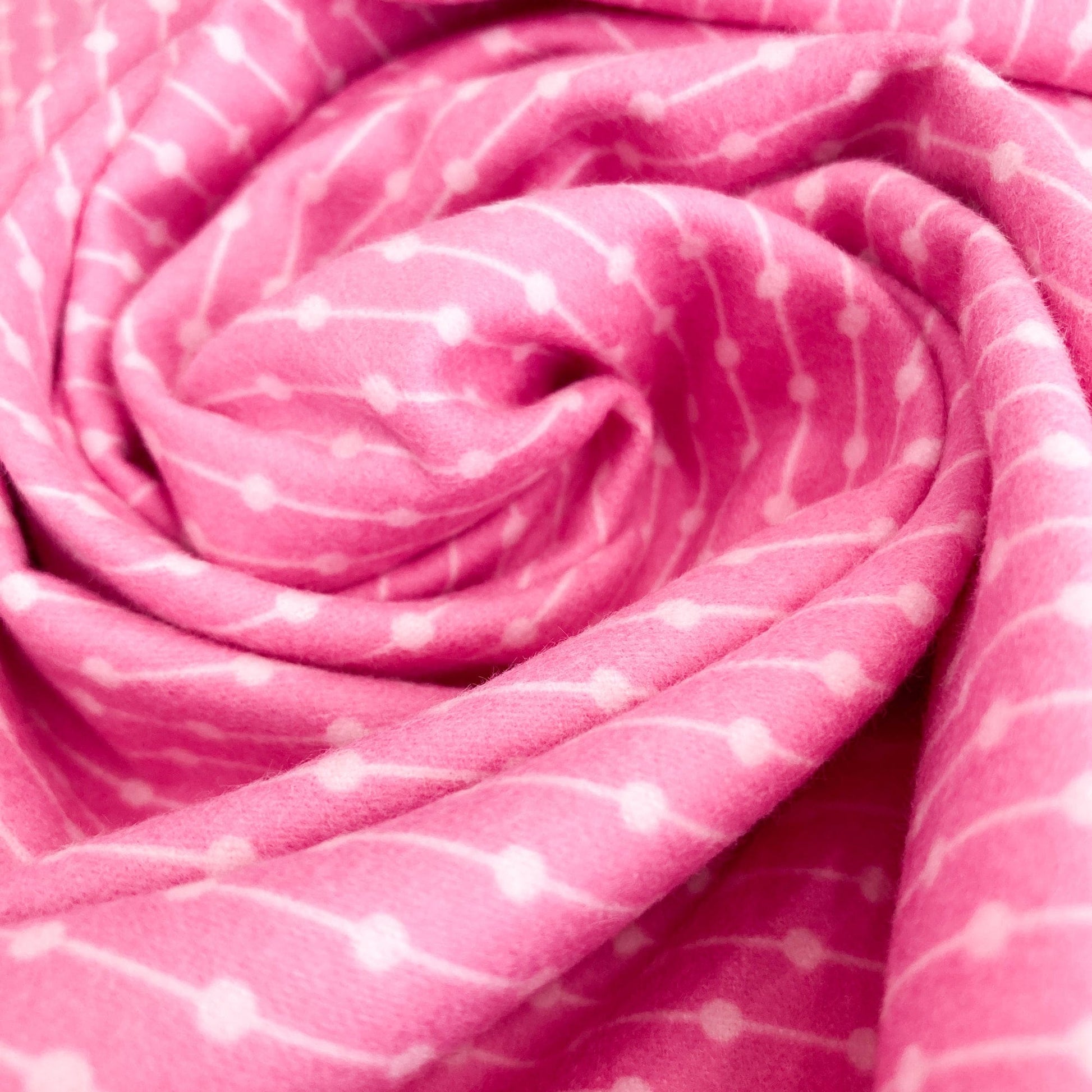 Close-up of pink fabric with white polka dots