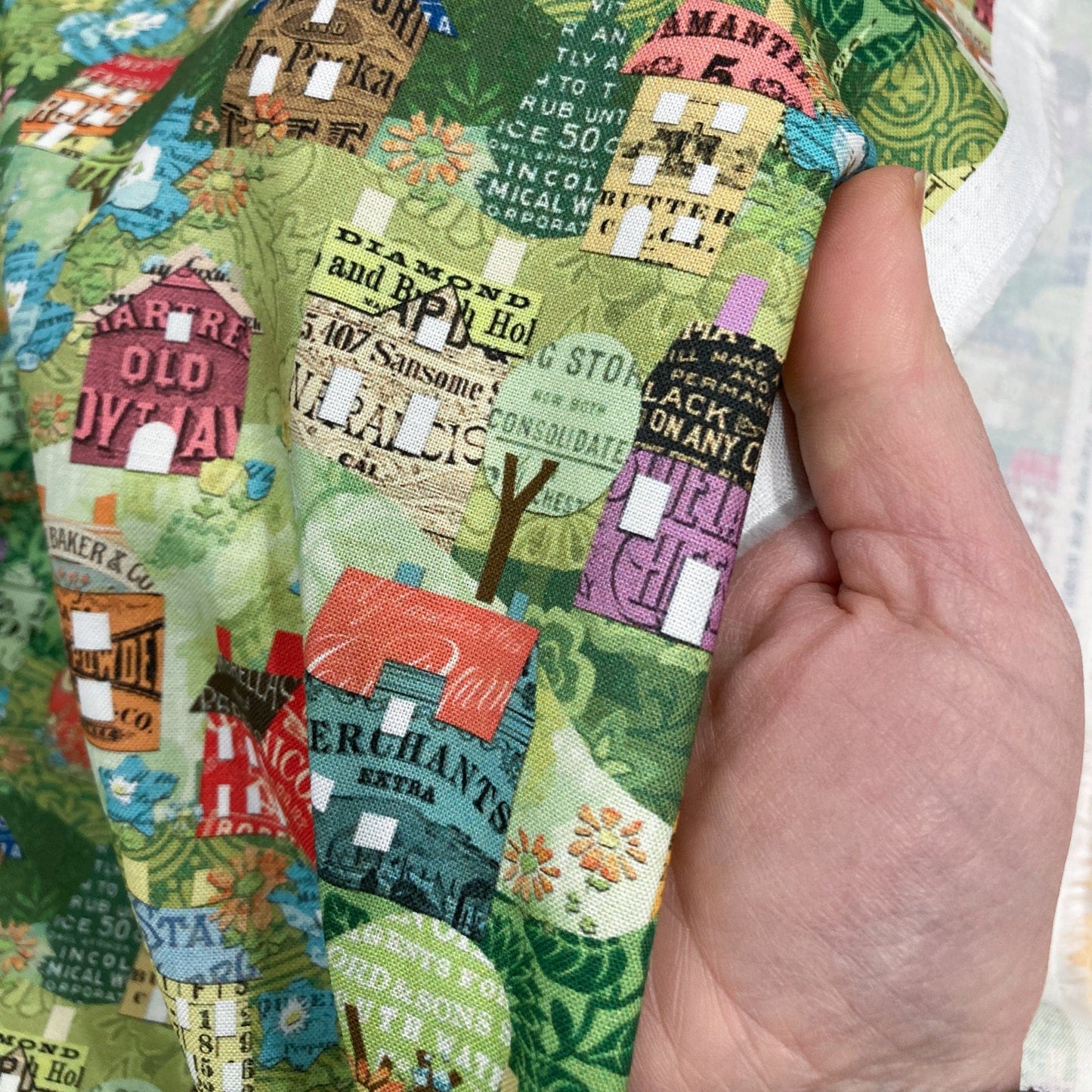 Moda 'Paper Hamlet' Quilting Cotton 'Houses and Hills' in Sprout