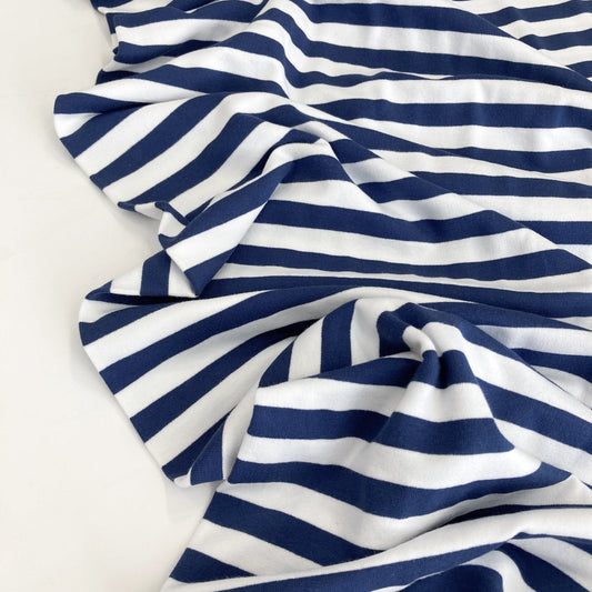 Cotton French Terry with Breton Stripe in Navy and White
