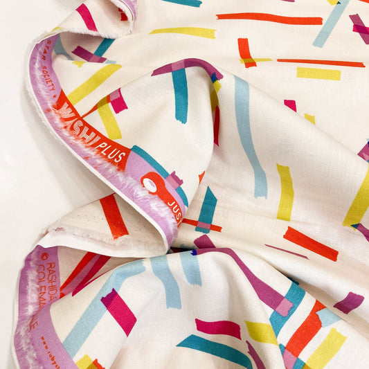 Cream cotton & linen canvas fabric with washi tape print in bright colours.