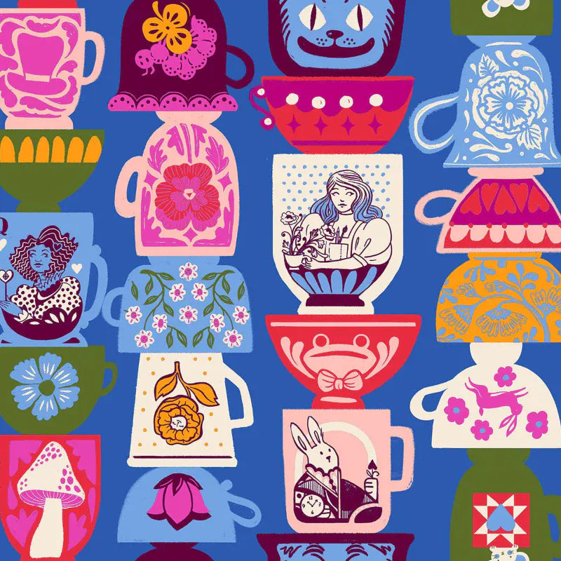 Ruby Star Society 'Hello Alice' Quilting Cotton 'Tea Party' in Blue Ri ...