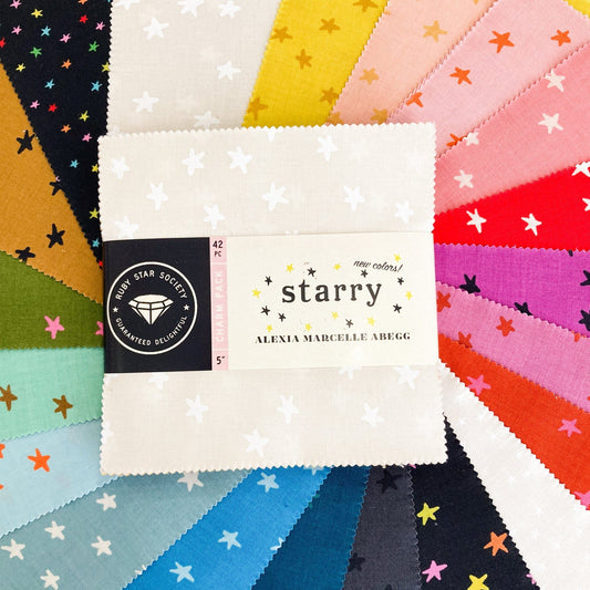 Collection of colorful fabric charm squares from Ruby Star Society 'Starry' New Colours collection