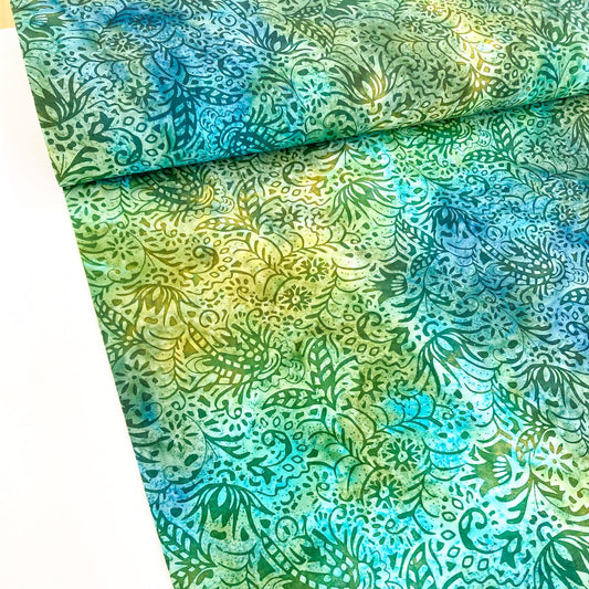 Cotton Batik with Aqua and Green Floral Design