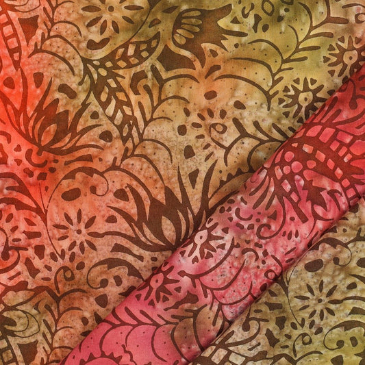 Cotton Batik with Coral and Green Floral Design