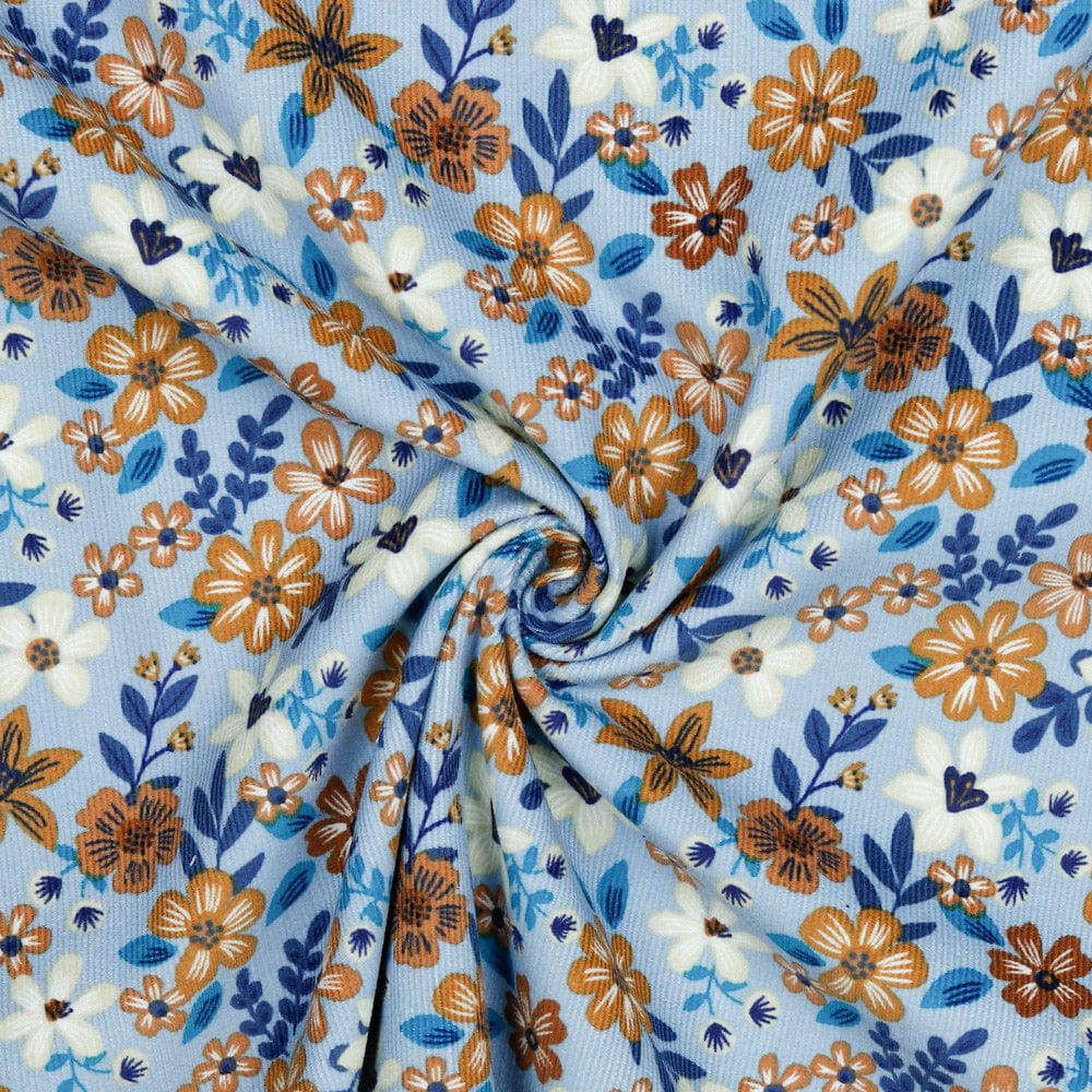 Cotton Needlecord in Sky Blue with Floral Print