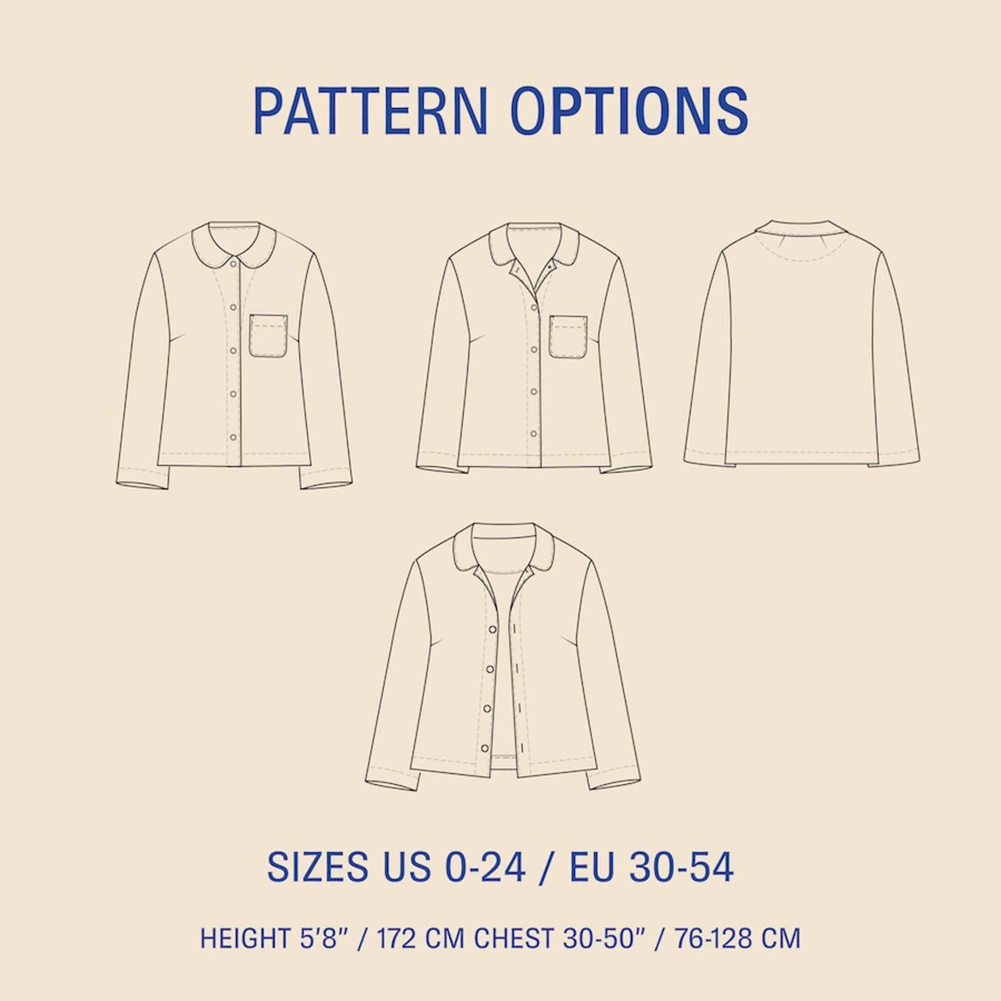 Outline of a shirt with pattern options and size information on a beige background