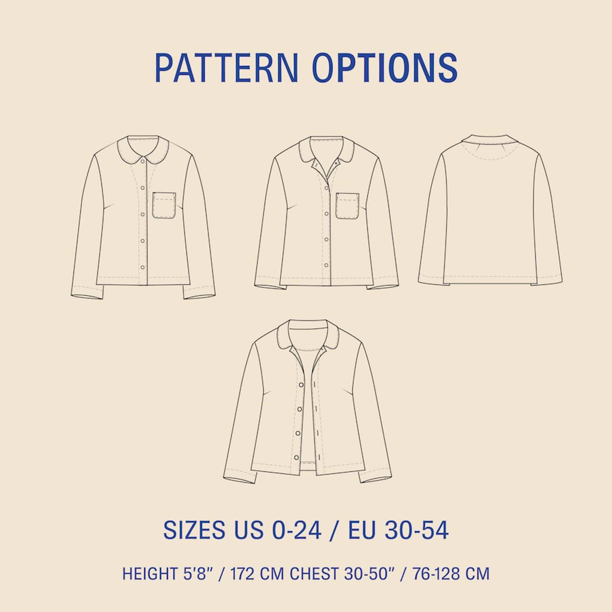 Outline of a shirt with pattern options and size information on a beige background