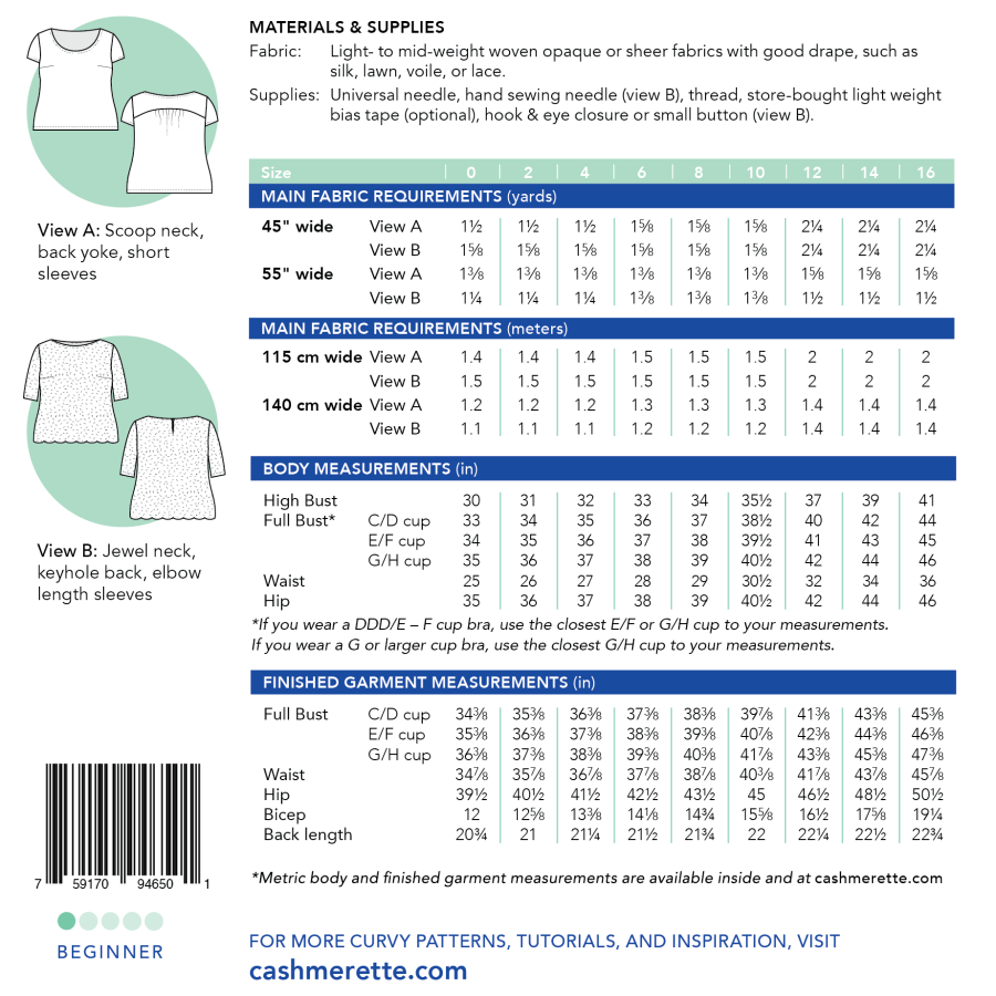 Cashmerette: Montrose Top in UK size 4-20 OR 16-36