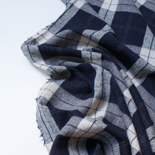 Designer Deadstock: Lightweight Pure Wool Fabric with Blue and Grey Check