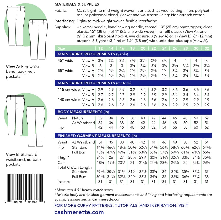 Cashmerette: Meriam Trousers in UK size 4-20 OR 16-36