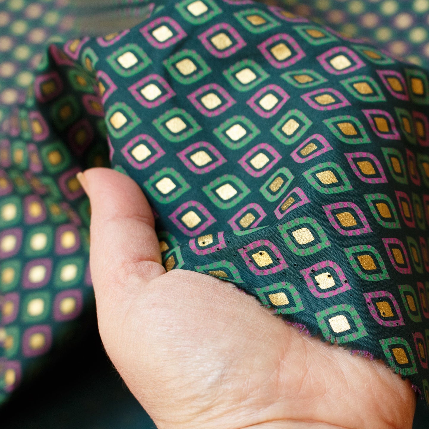 Cotton Fabric in Forest Green with Metallic Diamond Print