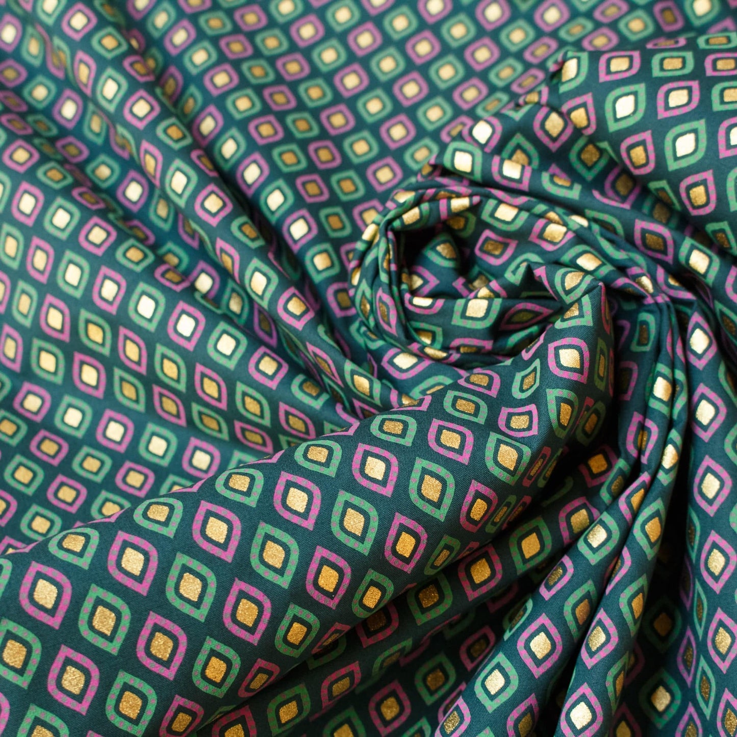 Cotton Fabric in Forest Green with Metallic Diamond Print
