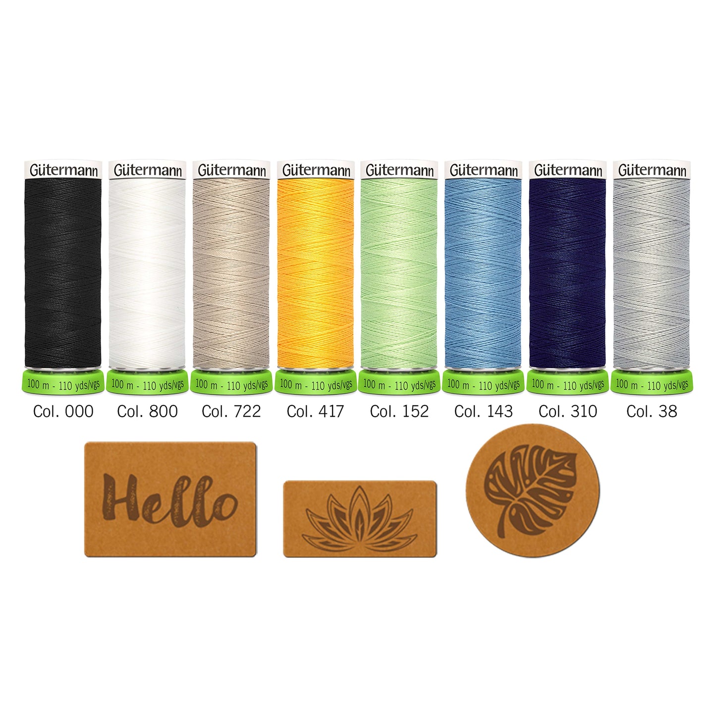 8 x 100 m Reels Gütermann Recycled Sew-All Thread Plus 3 Vegan Jeans Labels