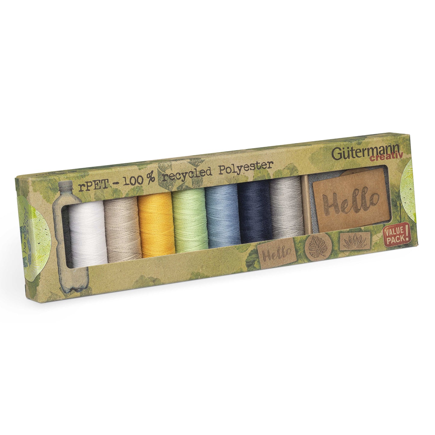 8 x 100 m Reels Gütermann Recycled Sew-All Thread Plus 3 Vegan Jeans Labels