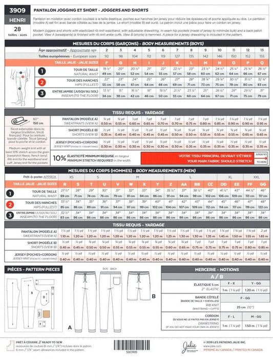 Jalie Sewing Patterns: Henri Joggers and Shorts 3909