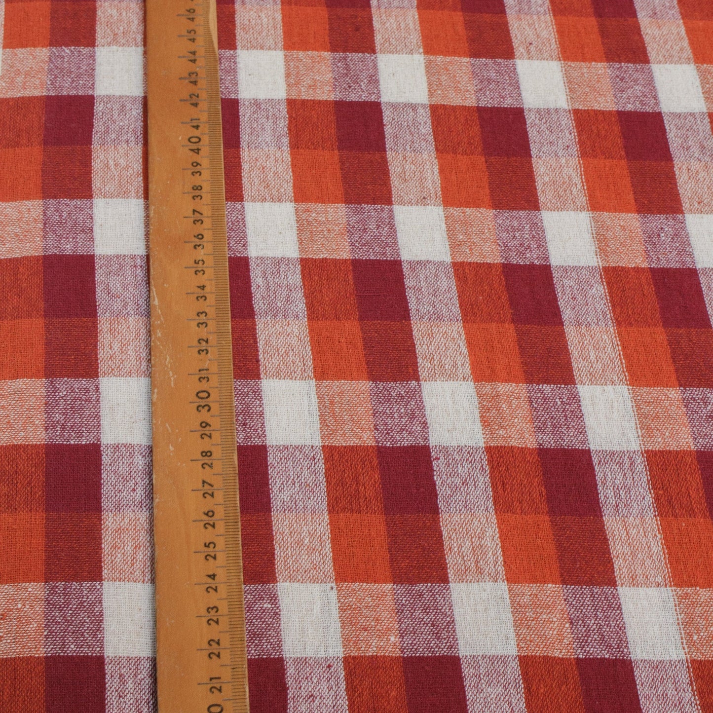 Indian Kotpad Cotton Fabric - Burgundy, Cream and Orange 18mm Gingham Check