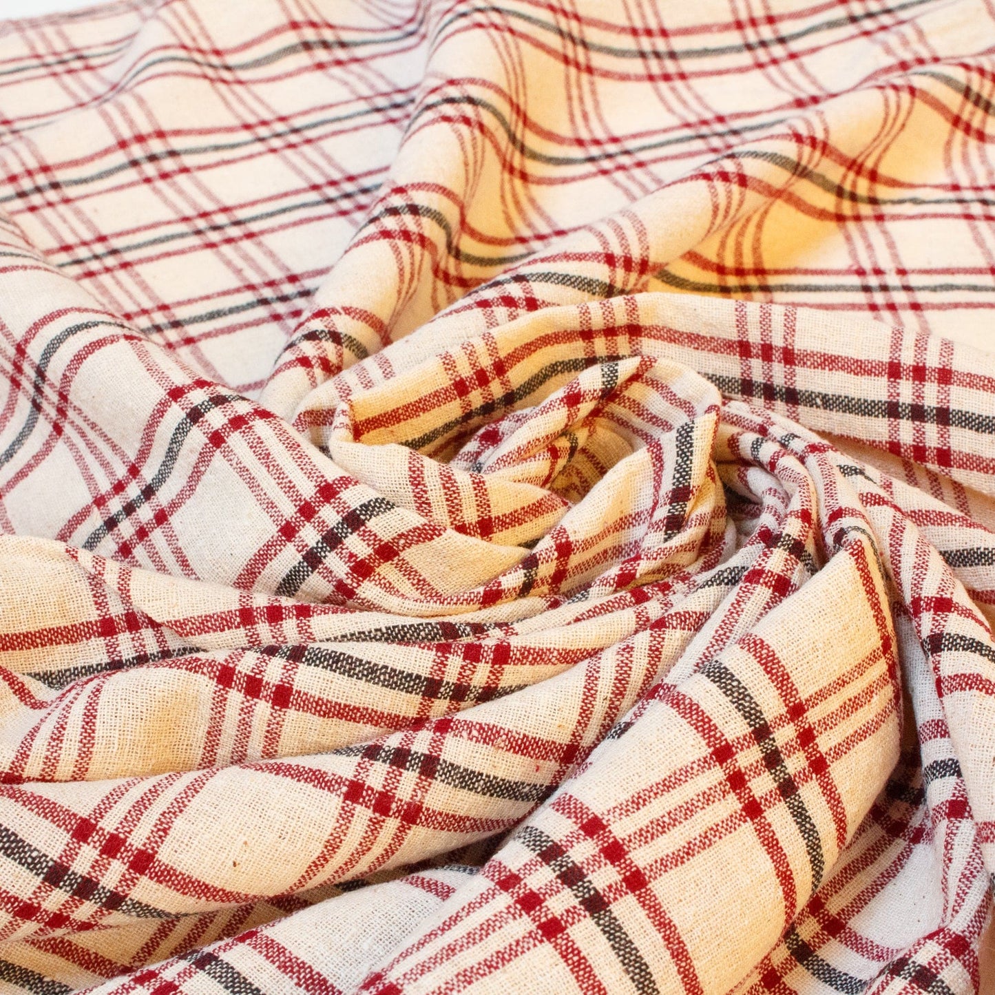 Indian Kotpad Cotton Fabric Cream with Burgundy and Black Check