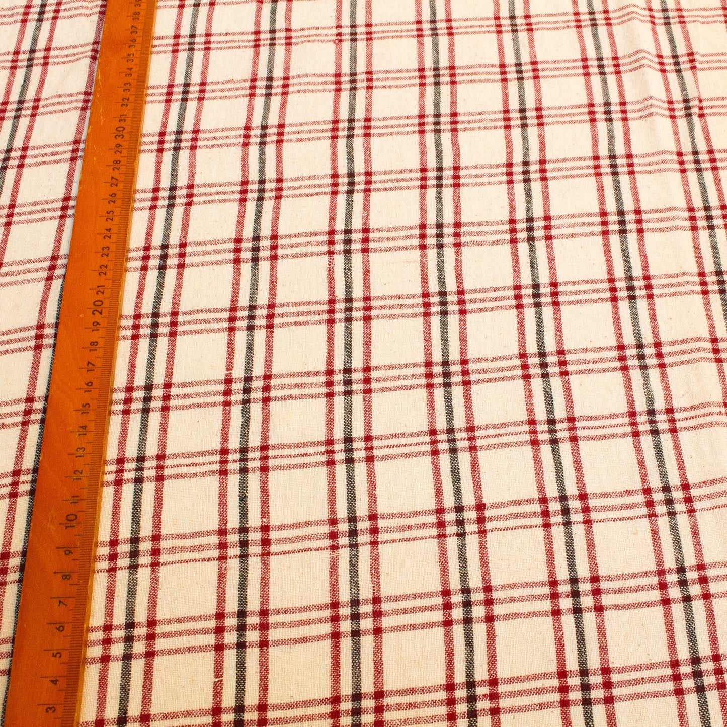 Indian Kotpad Cotton Fabric Cream with Burgundy and Black Check