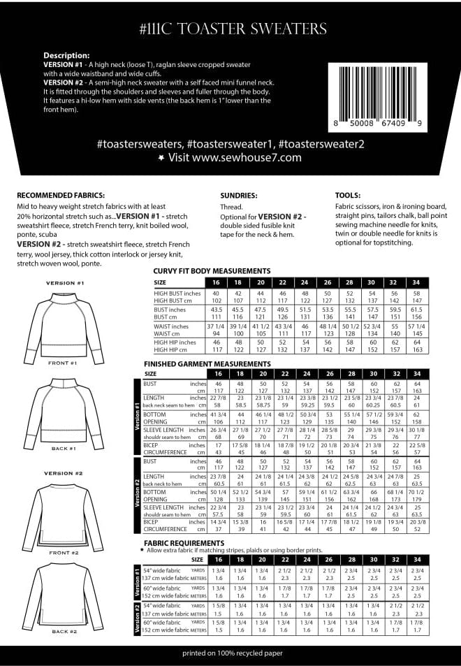 Sew House Seven: Toaster Sweaters Standard or Curvy Sizes
