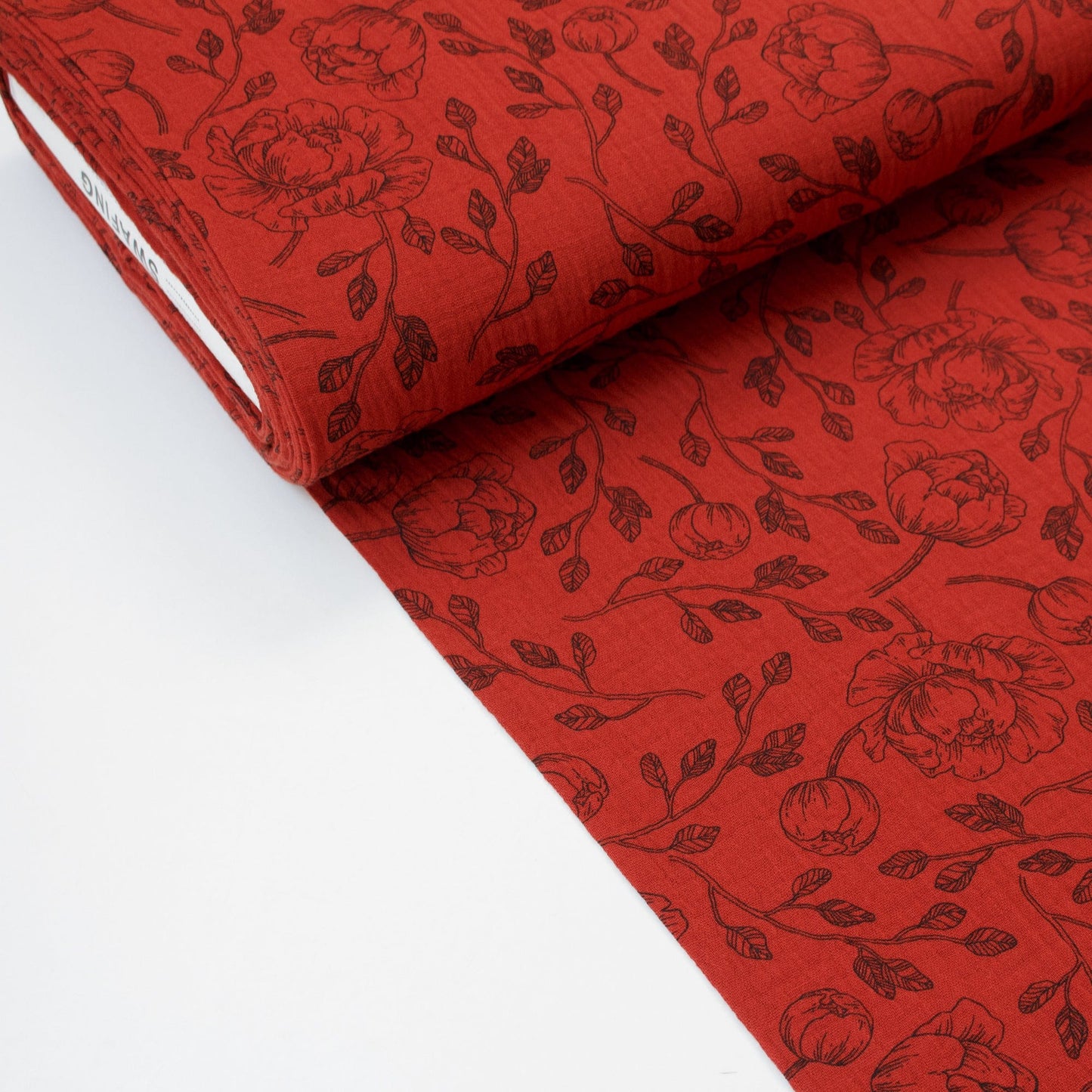 Cotton Double Gauze in Red with Rose Print