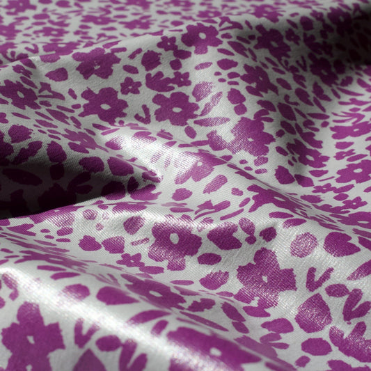Cotton Jersey PU Coated Fabric with Floral Print in Purple on Grey