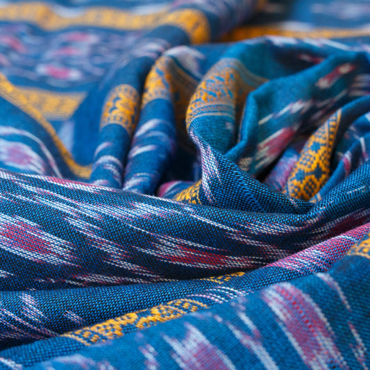 Sambalpuri Ikat Cotton Fabric - Blue with Floral Stripe