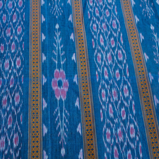 Sambalpuri Ikat Cotton Fabric - Blue with Floral Stripe