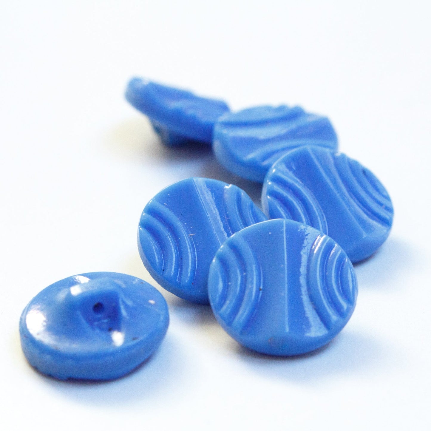 6 Vintage Glass Art Deco Buttons with Shank in Blue - 14mm